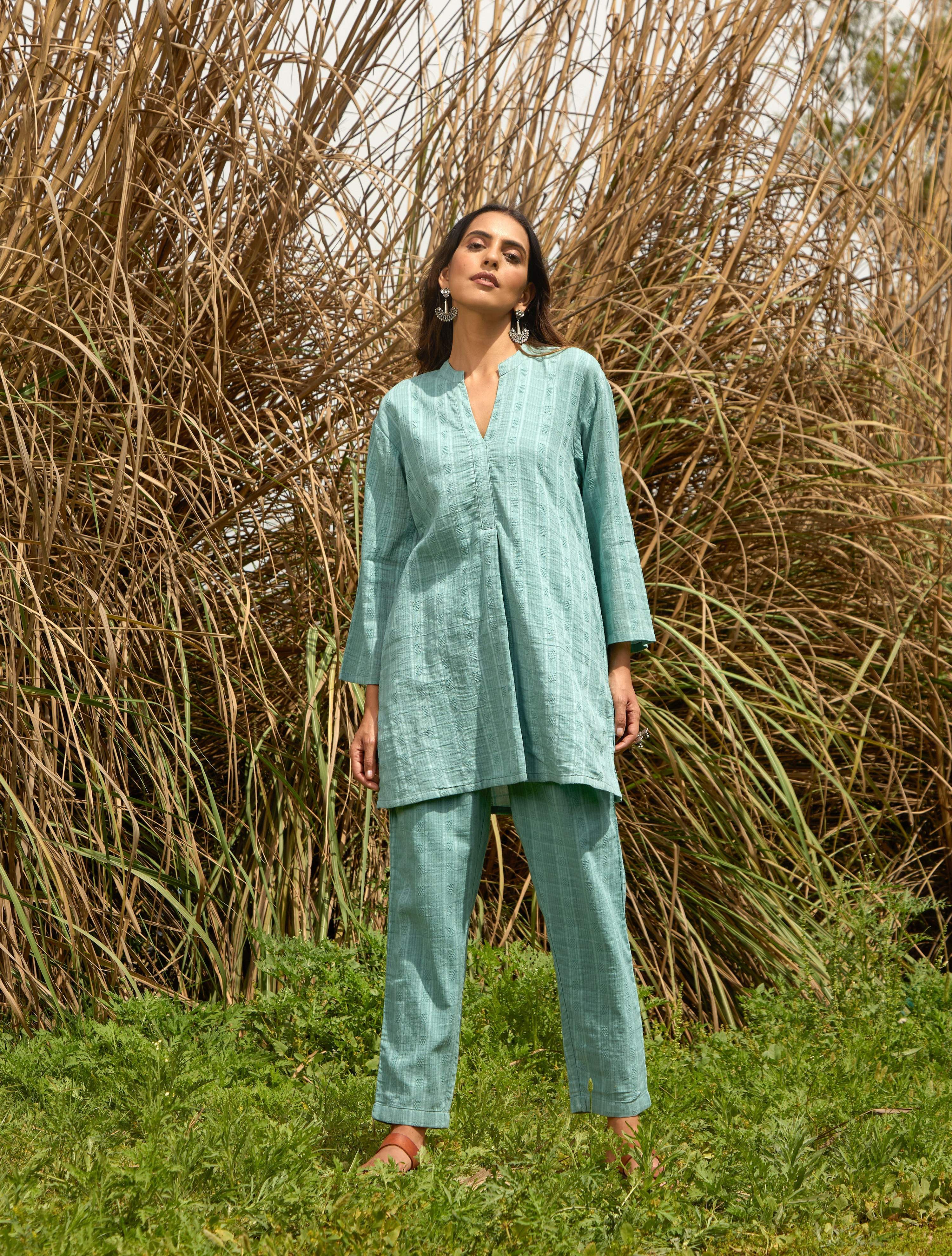 trueBrowns Light Blue Cotton Dobby Relaxed Co-ord Set