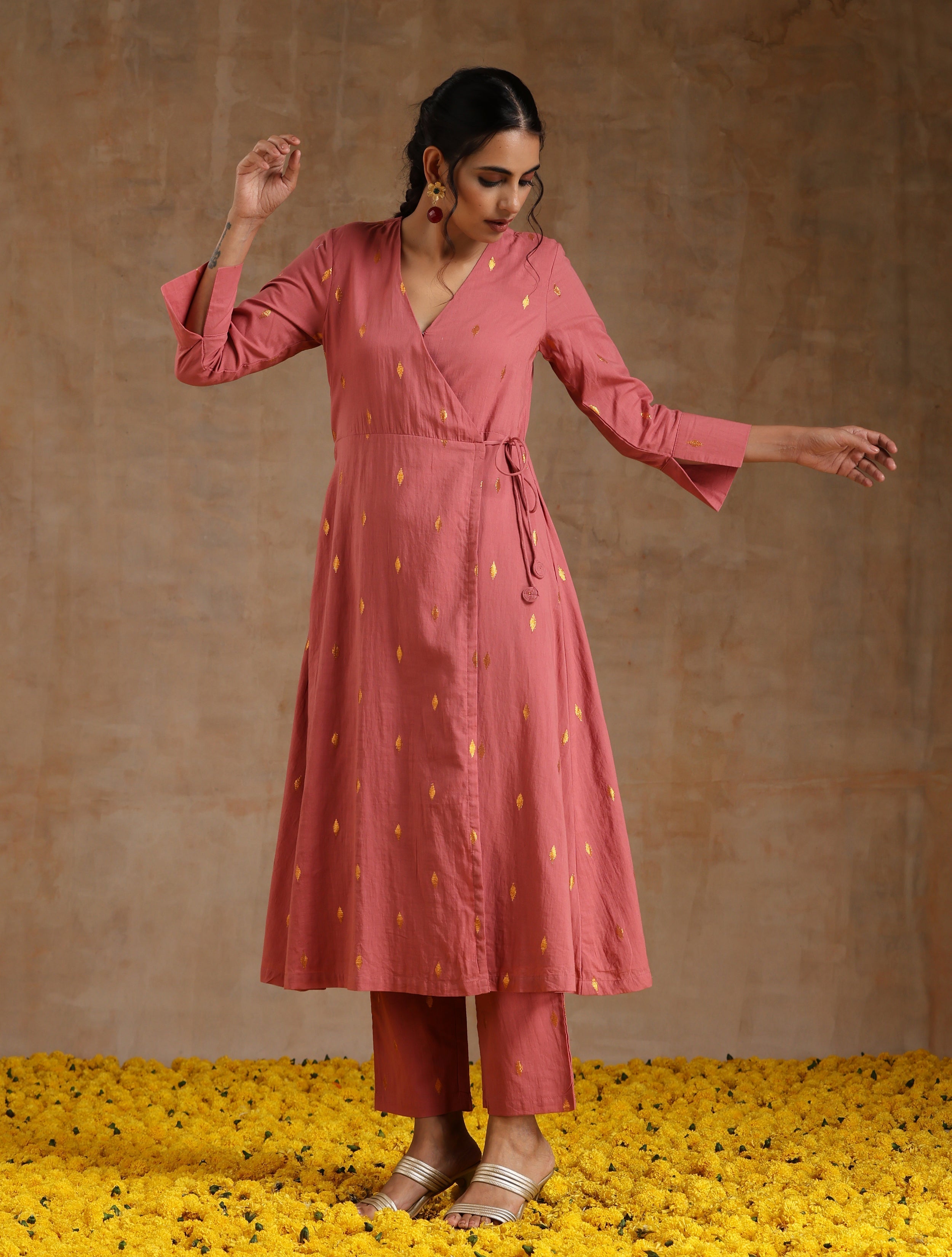trueBrowns Blush Gold Cotton Angrakha Kurta Set