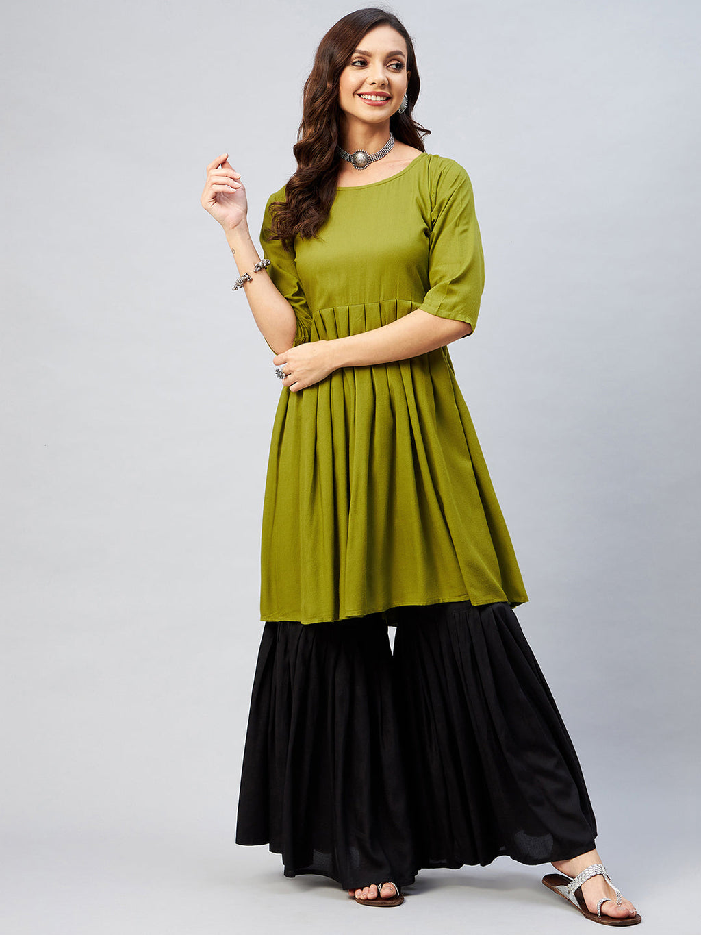 InWeave Women's Olive Short Anarkali Kurta