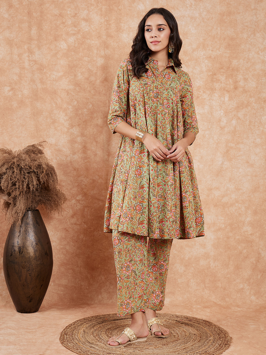 InWeave Women's Pear Green Orange Floral Print Flared Kurta Pant Set