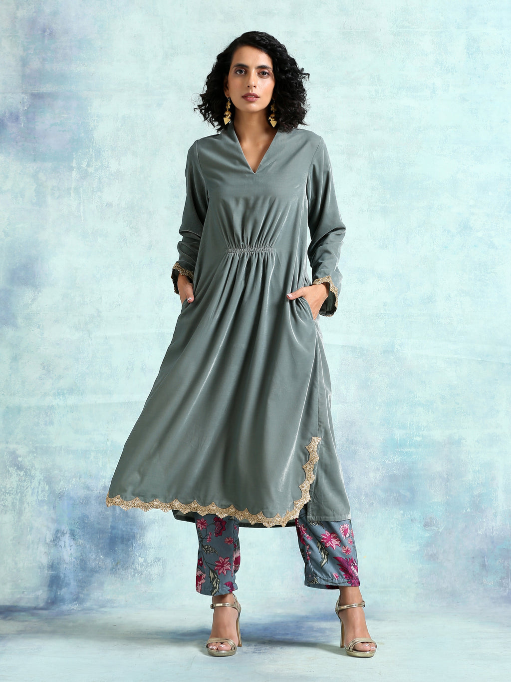 trueBrowns Grey Velvet Lace Kurta Pant Set