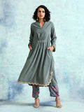 trueBrowns Grey Velvet Lace Kurta Pant Set