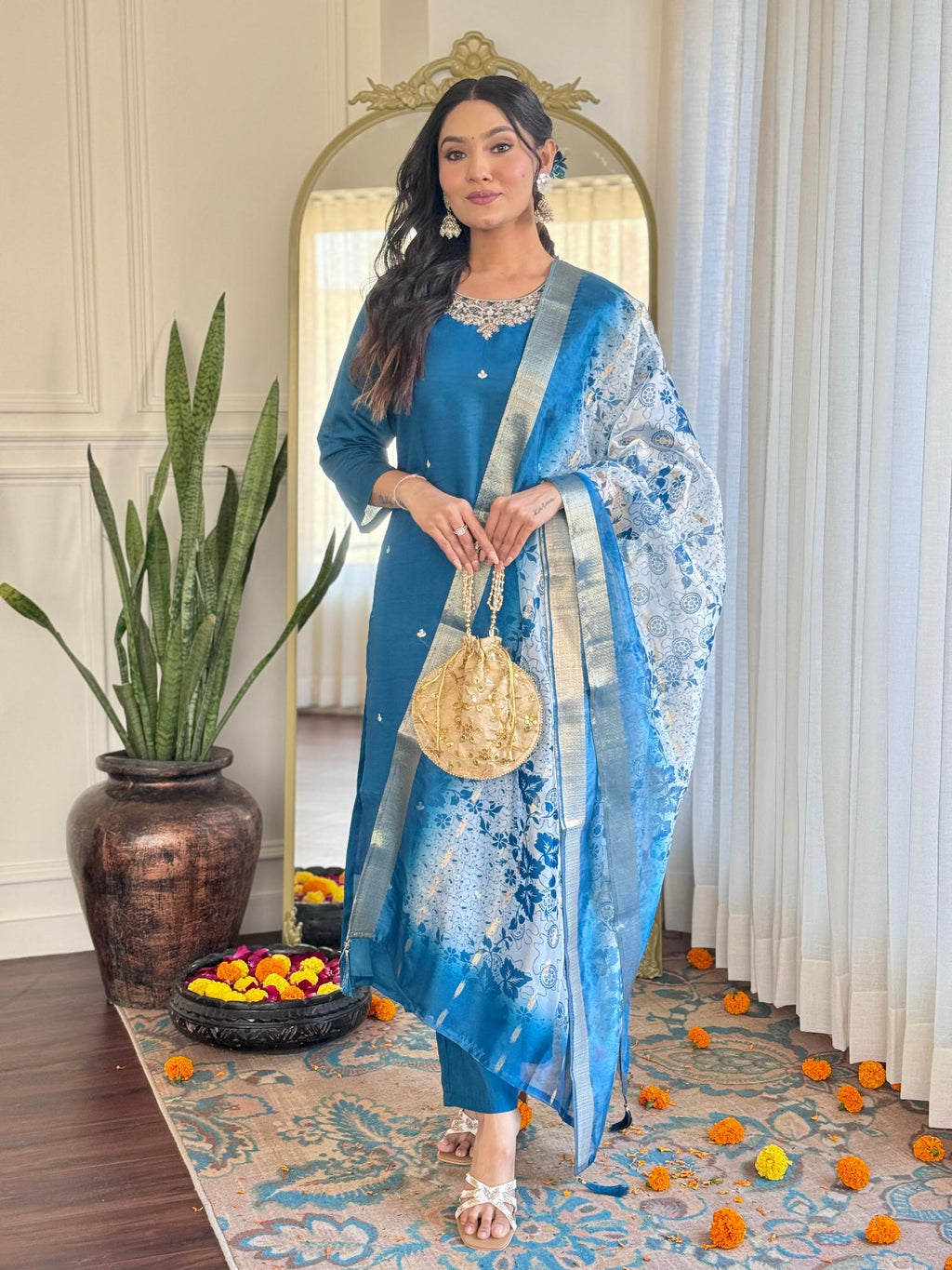 The52 Women's Beautiful Roman Silk Embroidered Straight Kurta with Pant And Dupatta Set