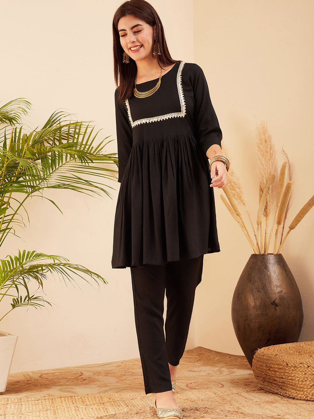 InWeave Women's Black Round Neck Square Gota Work Kurta Pant Set