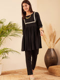 InWeave Women's Black Round Neck Square Gota Work Kurta Pant Set