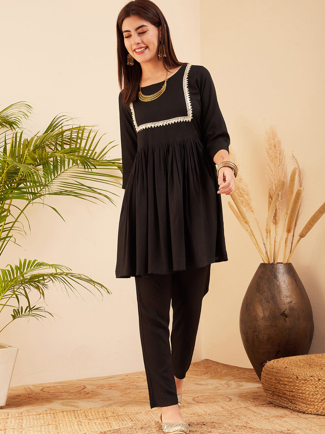 InWeave Women's Black Round Neck Square Gota Work Kurta Pant Set