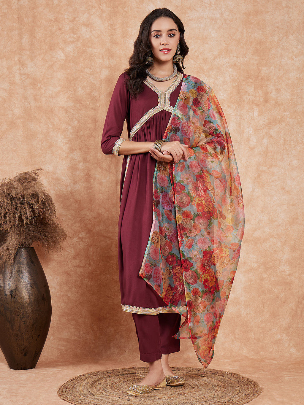 InWeave Women's Dark Burgundy Alia Neck Style Gota Set W Organza Dupatta