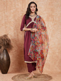 InWeave Women's Dark Burgundy Alia Neck Style Gota Set W Organza Dupatta