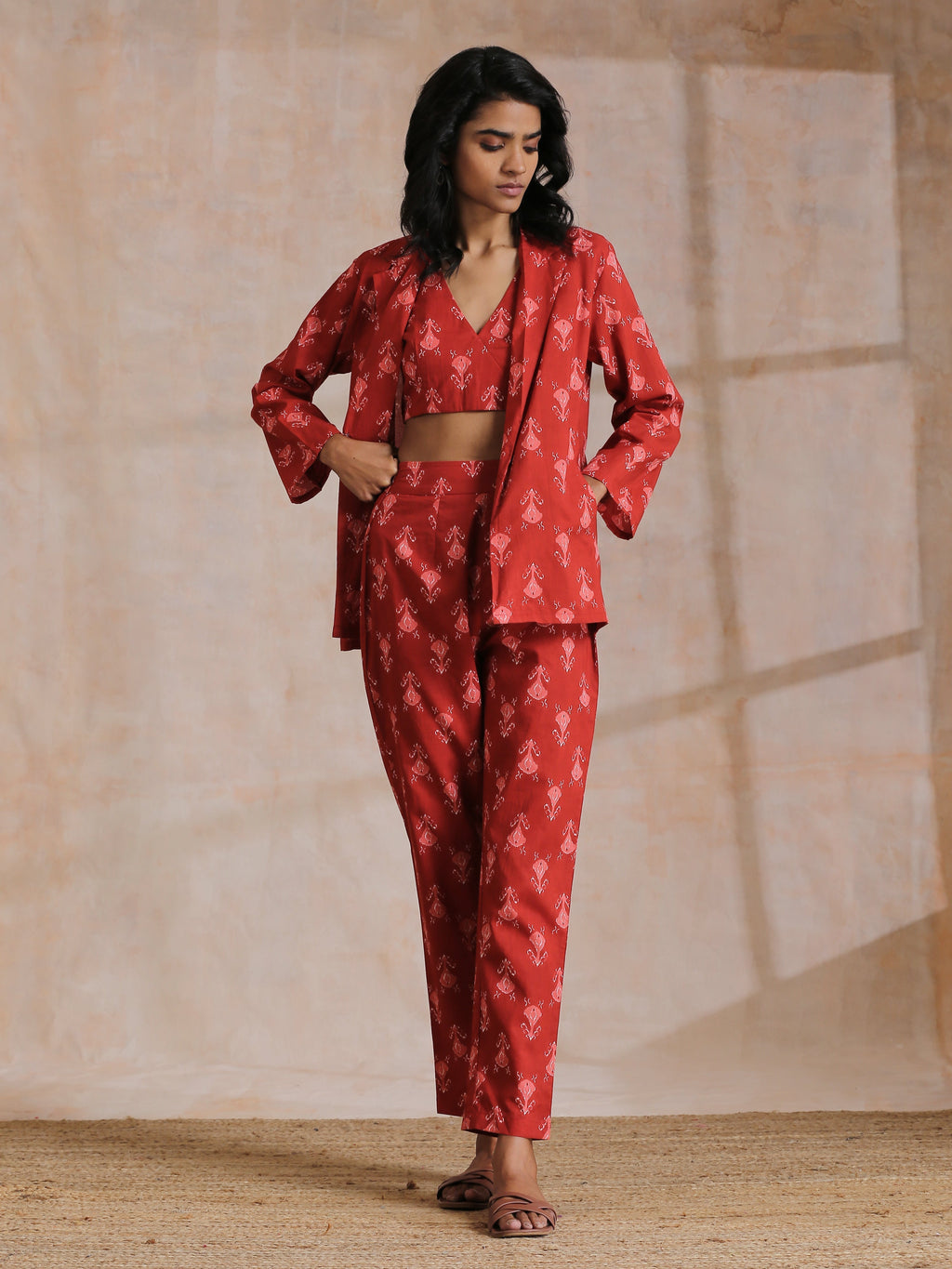 trueBrowns Red On Red Ikat Print Cotton Pant Suit Set