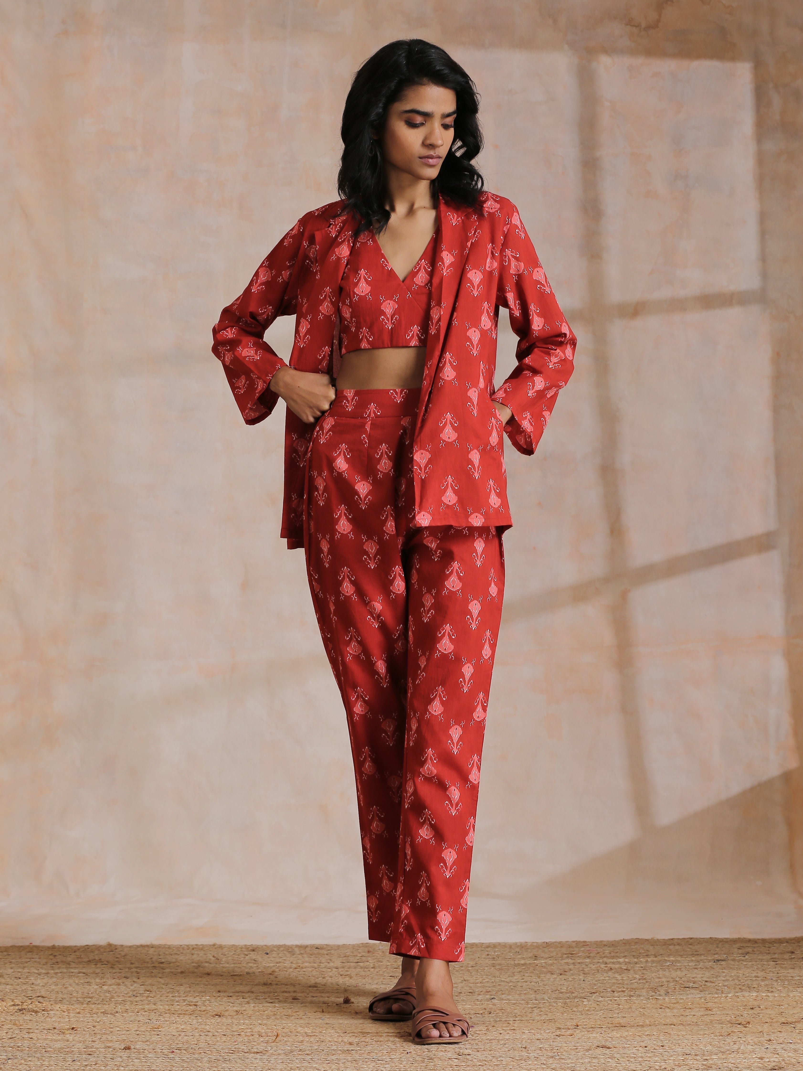 trueBrowns Red On Red Ikat Print Cotton Pant Suit Set