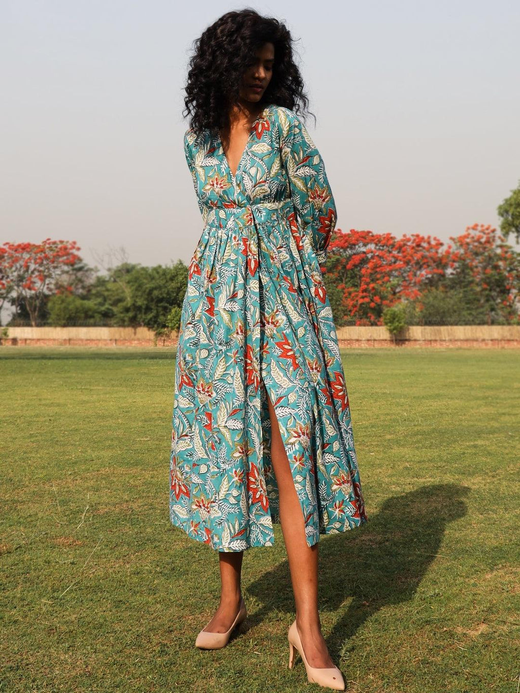 trueBrowns Teal Cotton Block Print Wrap Dress
