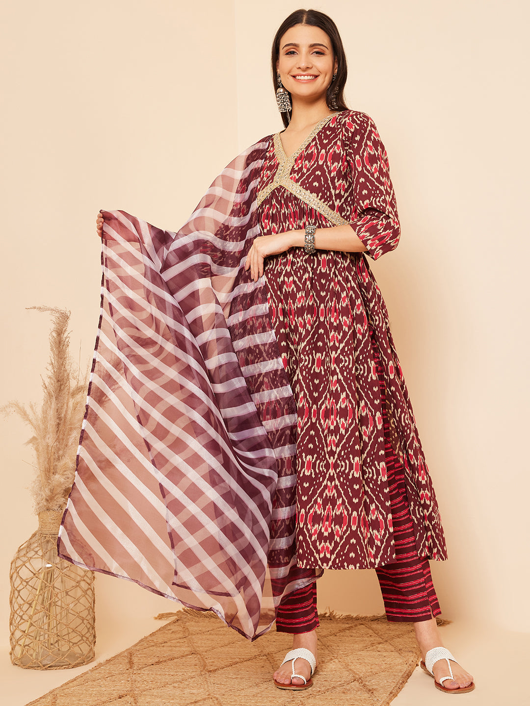 InWeave Women's Wine Ikkat Print Alia Cut Gota Work Kurta Set W Wine Leh Dup