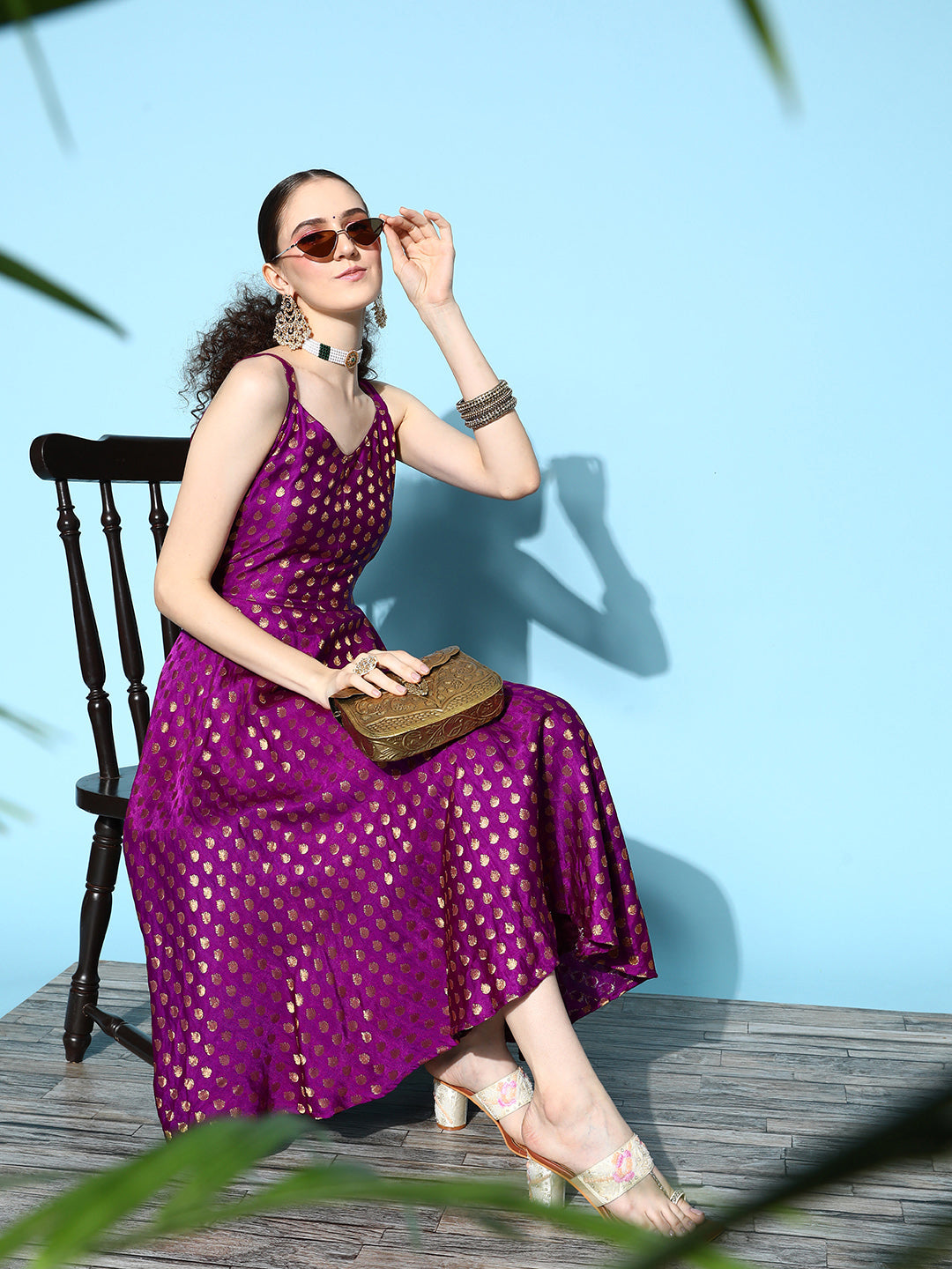 InWeave Women's Wine Gold Small Boota Long Dress