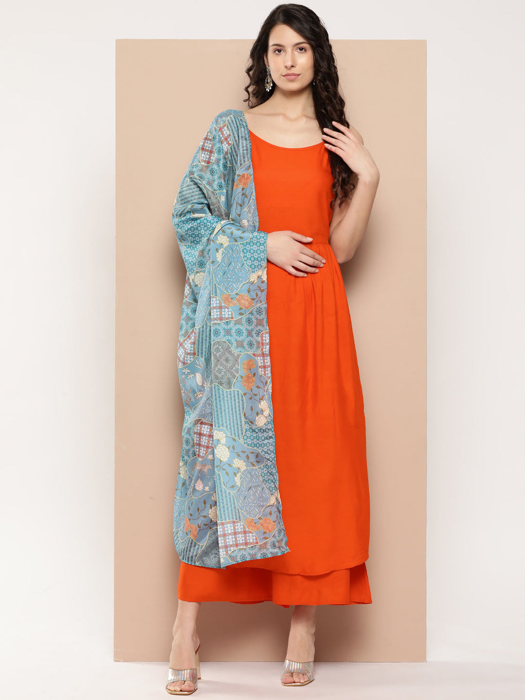 InWeave Women's Orange Strappy Set With Blue Chinnon Print Silk Dupatta