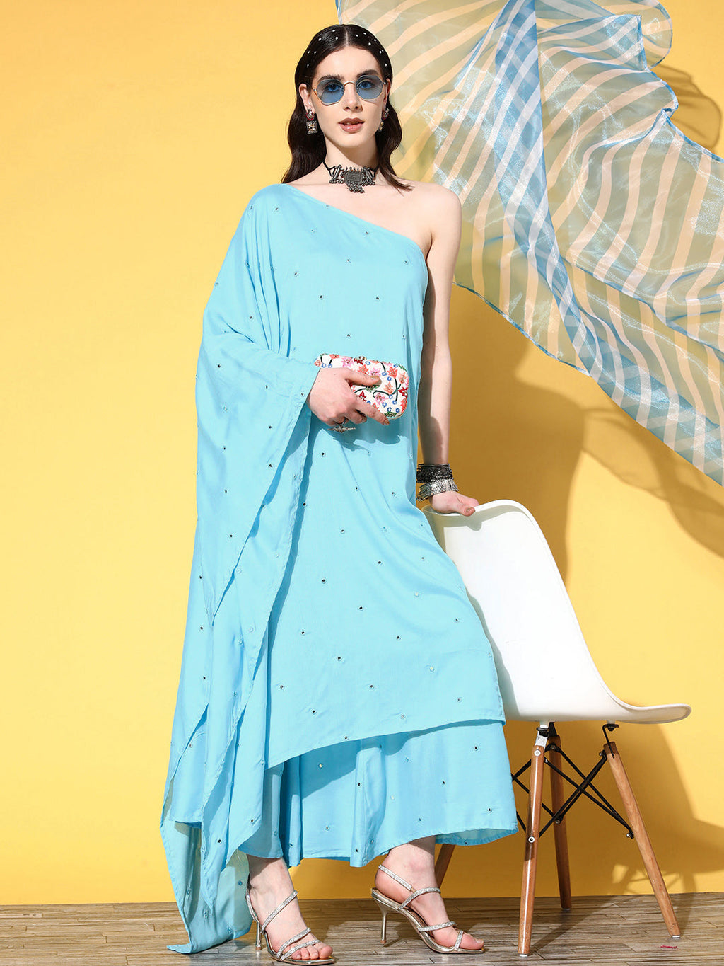InWeave Women's Sky Blue Mirror Work One Shoulder Kurta Set With Dupatta
