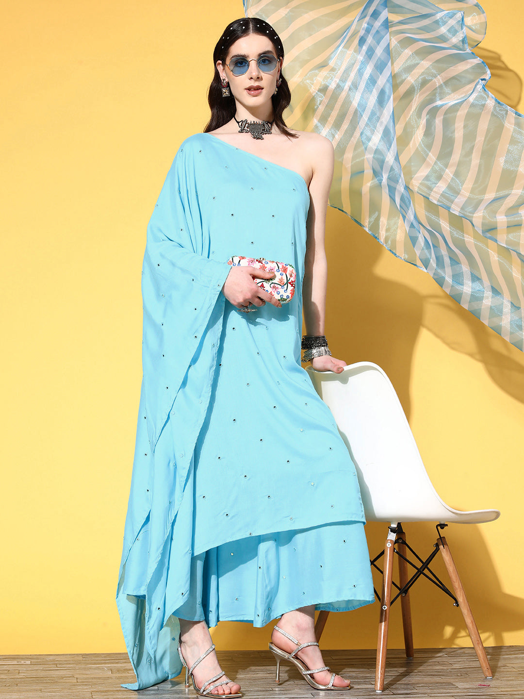 InWeave Women's Sky Blue Mirror Work One Shoulder Kurta Set With Dupatta
