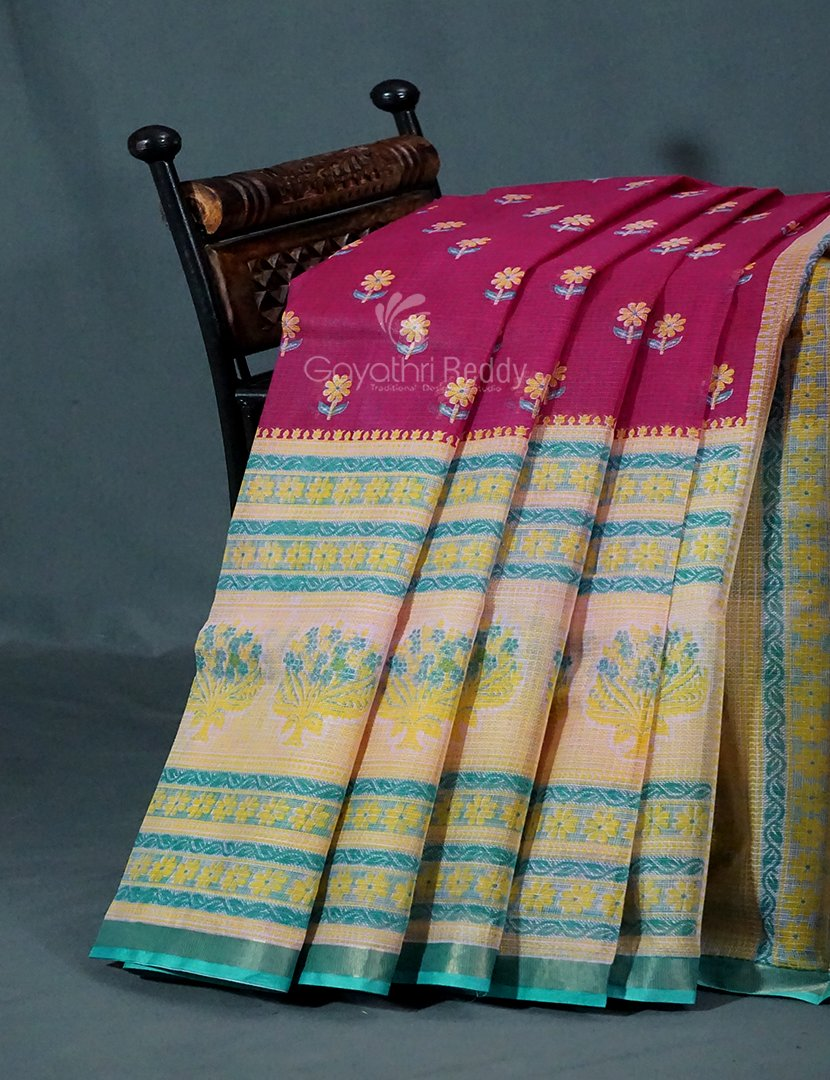 Magenta Pink And Mint Green Block Print Pure Kota Cotton Saree By Gayathri Reddy Designer Studio