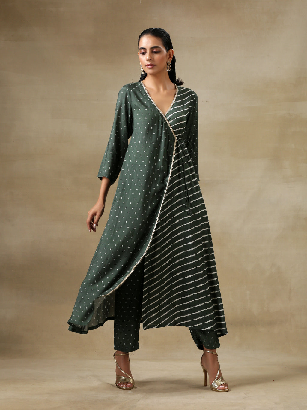 trueBrowns Dark Green Bandhani Printed Silk Angrakha Kurta Pant Set