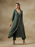 trueBrowns Dark Green Bandhani Printed Silk Angrakha Kurta Pant Set