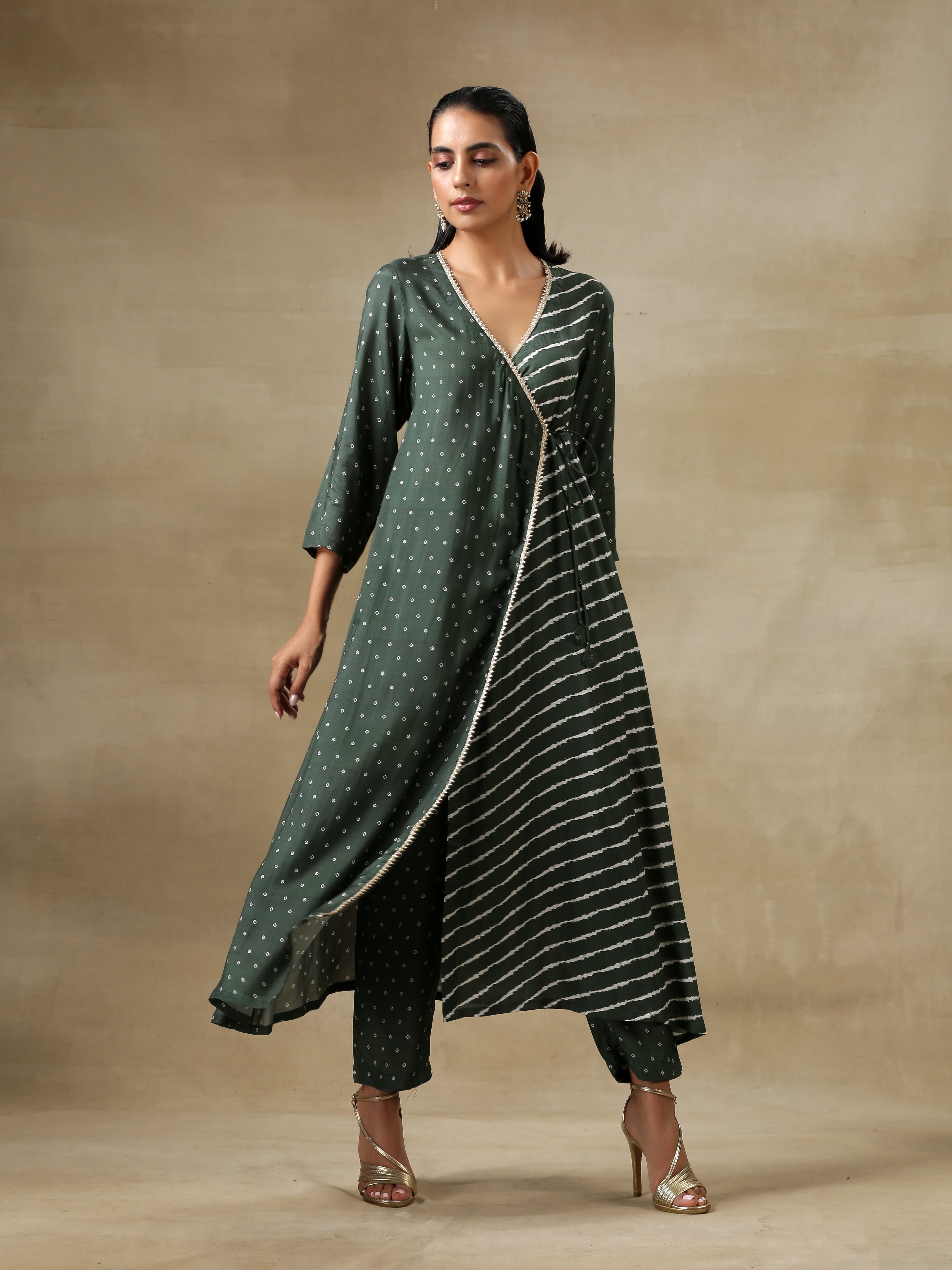 trueBrowns Dark Green Bandhani Printed Silk Angrakha Kurta Pant Set