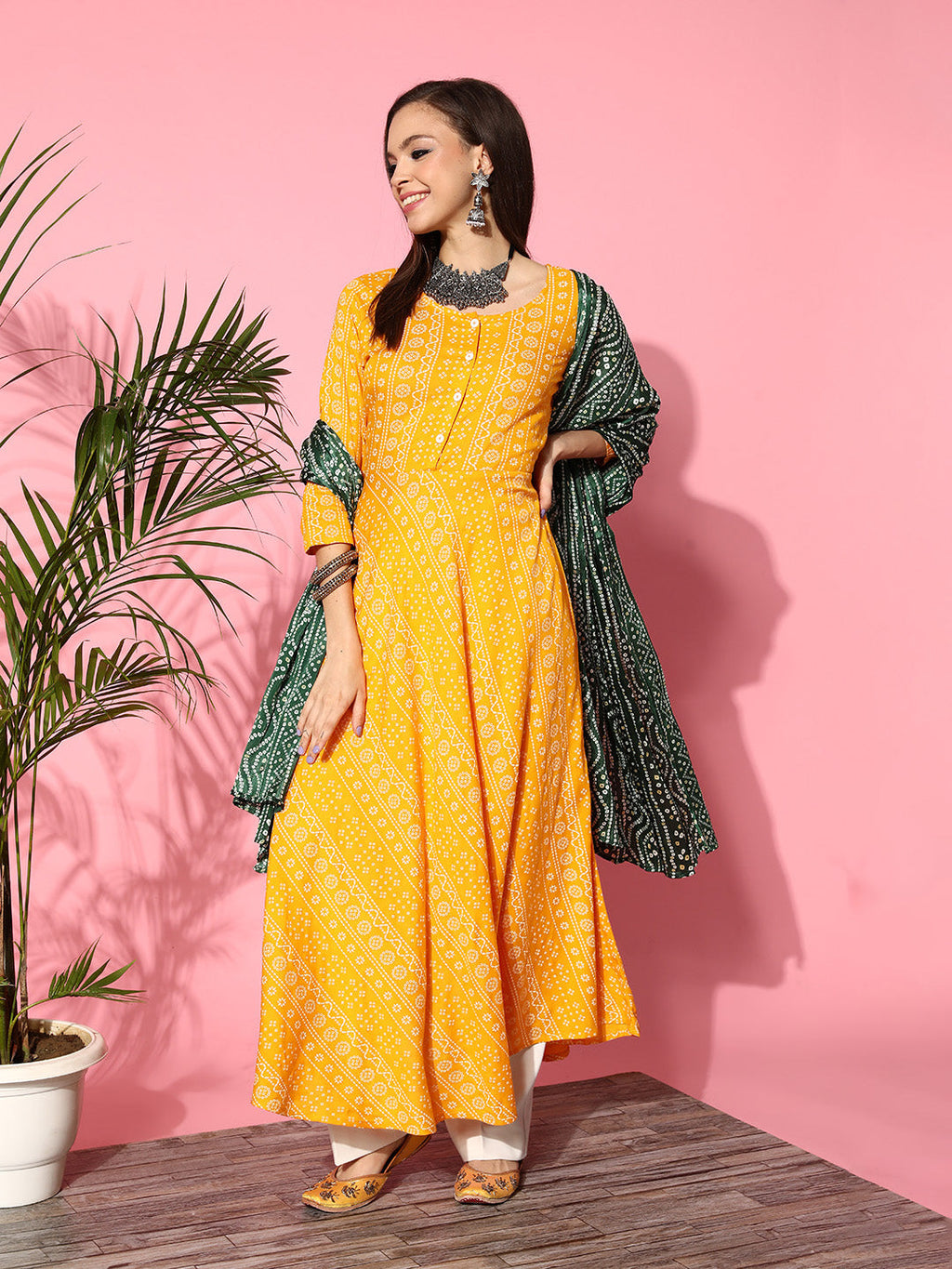 InWeave Women's Yellow Bandhani Long Anarkali Kurta With Green Bandhani Dupatta