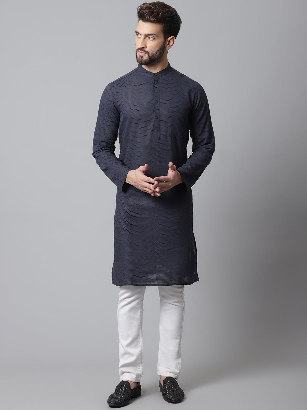 Even Apparels Blue Pure Cotton Kurta With Band Collar