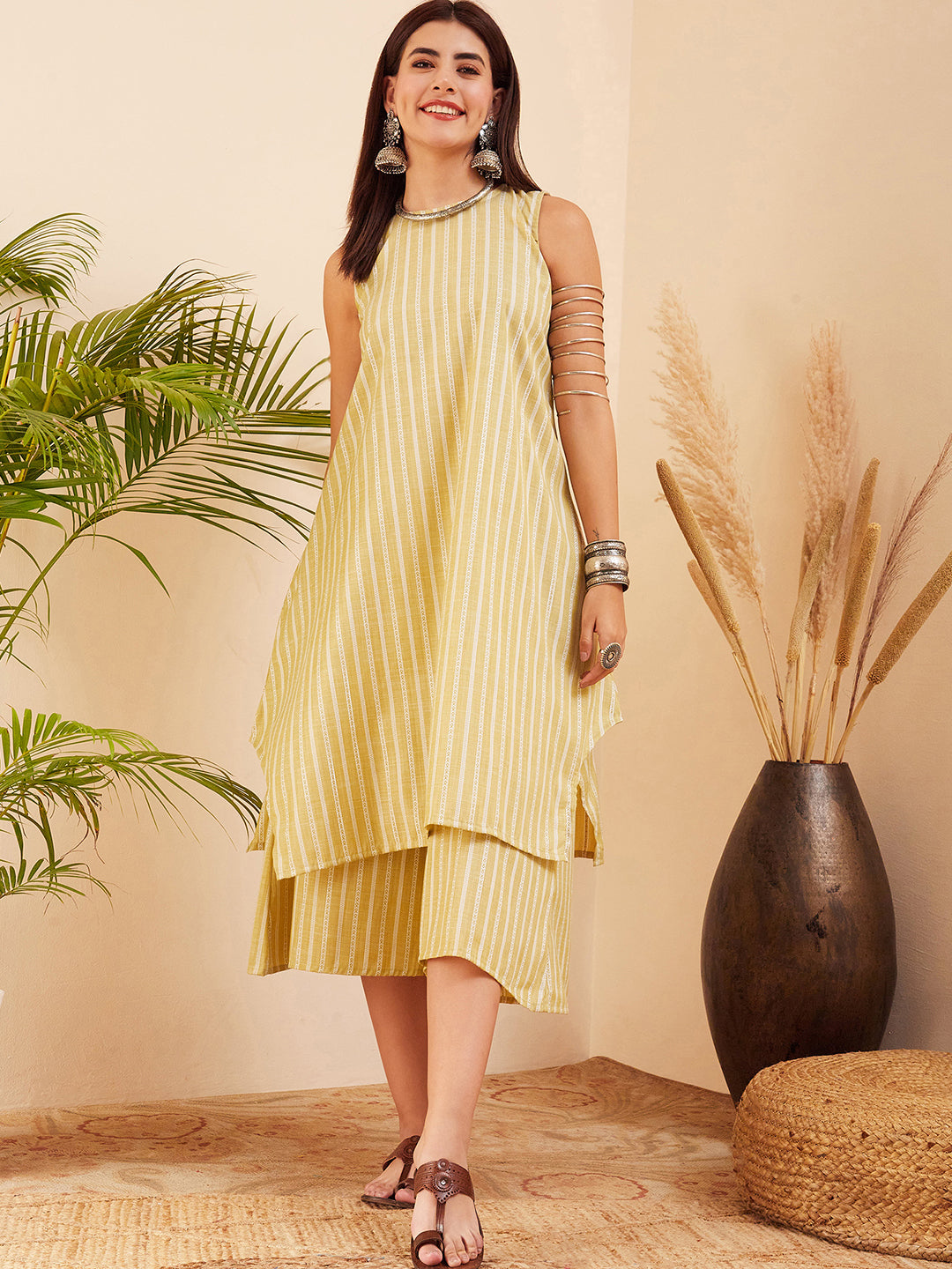 InWeave Women's Light Yellow Lurex Kantha Mandarin Neck Kurta Palazzo Set