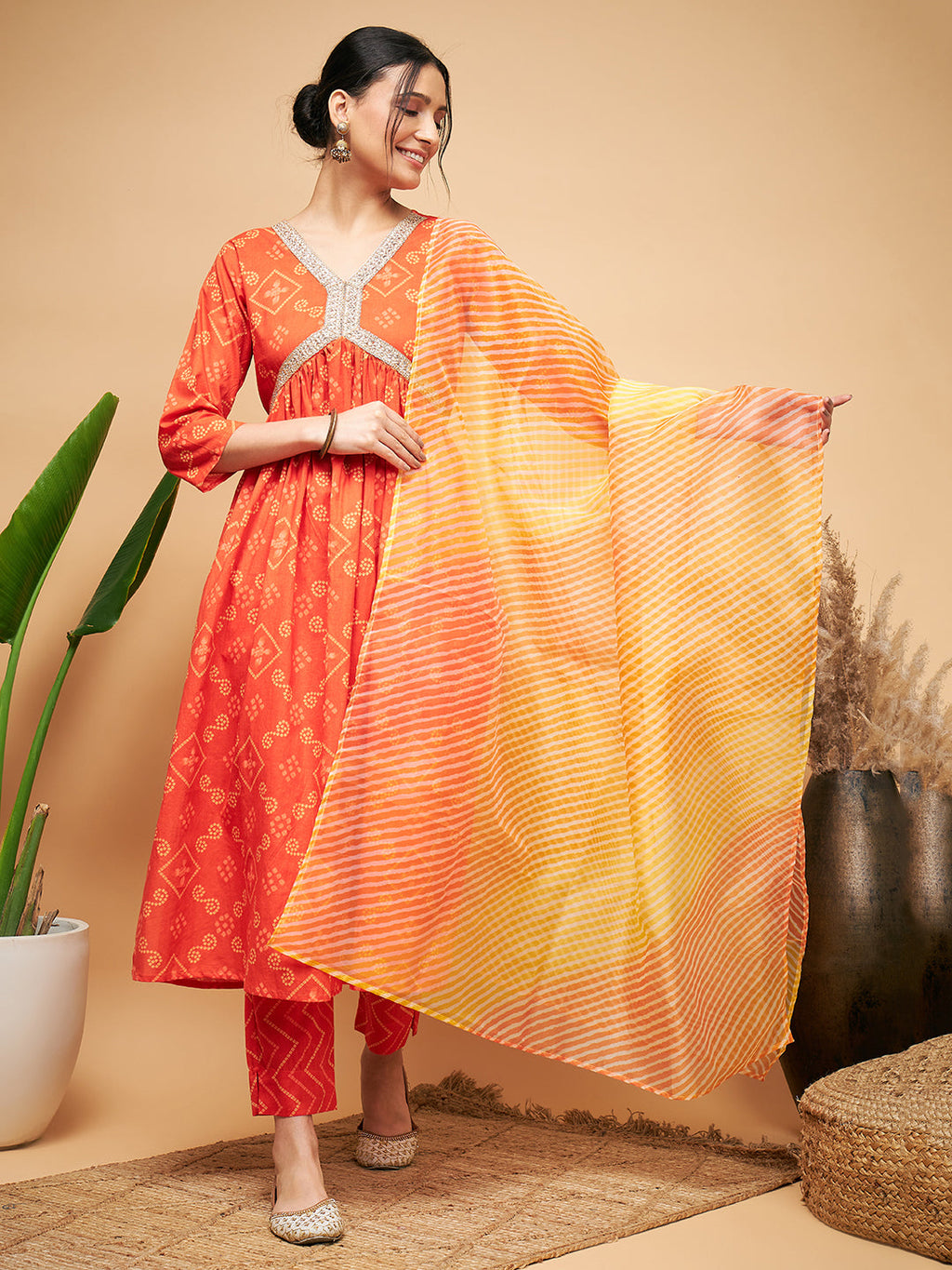 InWeave Women's Orange S Print Alia Cut Gota Work Kurta Set W Mustard Le Du
