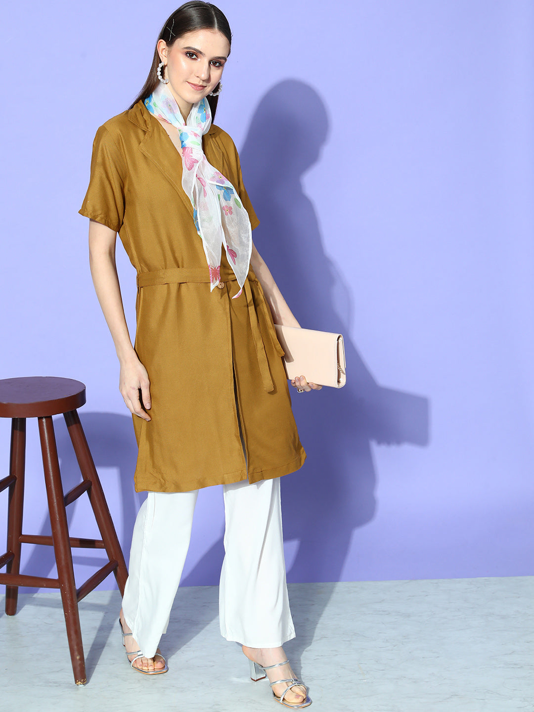 InWeave Women's Camel Brown Cream Pant Coord Set With White Butterfly Scarf