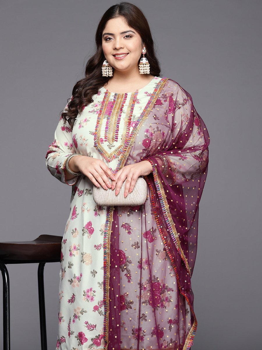 Ahalyaa Plus Size Floral Printed Zari Kurta with Palazzos & With Dupatta