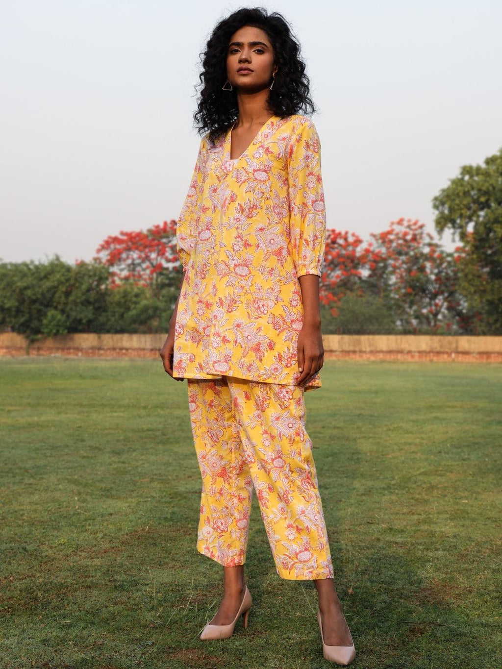 trueBrowns Yellow Cotton Block Print V-Square Neck Co-Ord Set