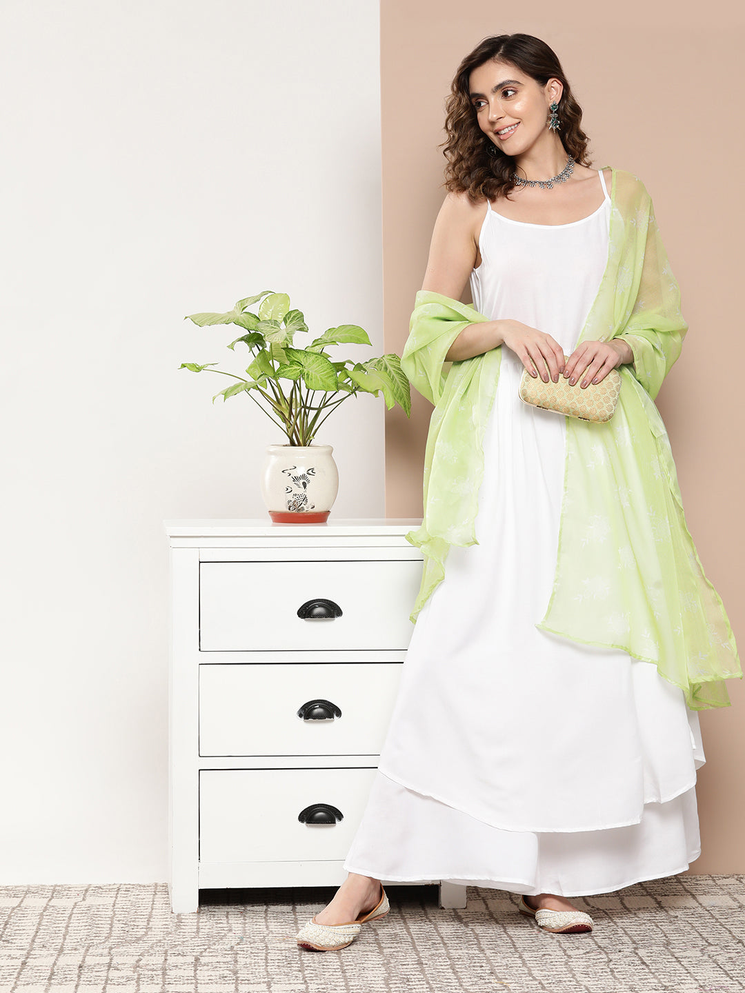 InWeave Women's Cream Strappy With Green White Chintz Organza Dupatta