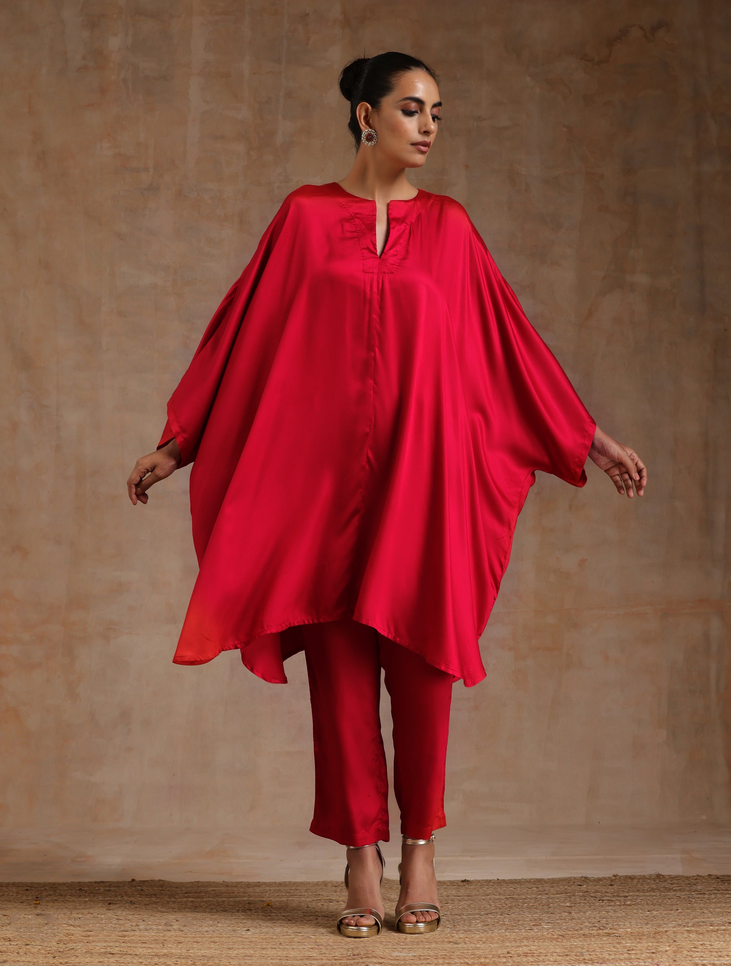 trueBrowns Red Modal Satin Oversized Round Co-Ord Set