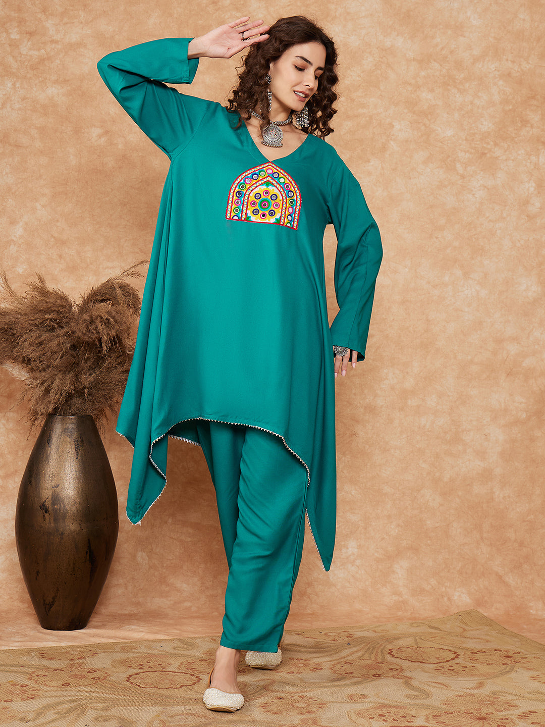 InWeave Women's Teal Trangle Yellow Patch Work Assymentrical Kurta Set