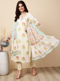 Antaran Cream Pure Cotton Floral Printed Kurta Pant And Dupatta Set