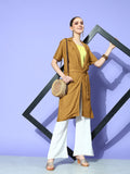 InWeave Women's Camel Brown Cream Pant Coord Set With Lime Green Crop Top