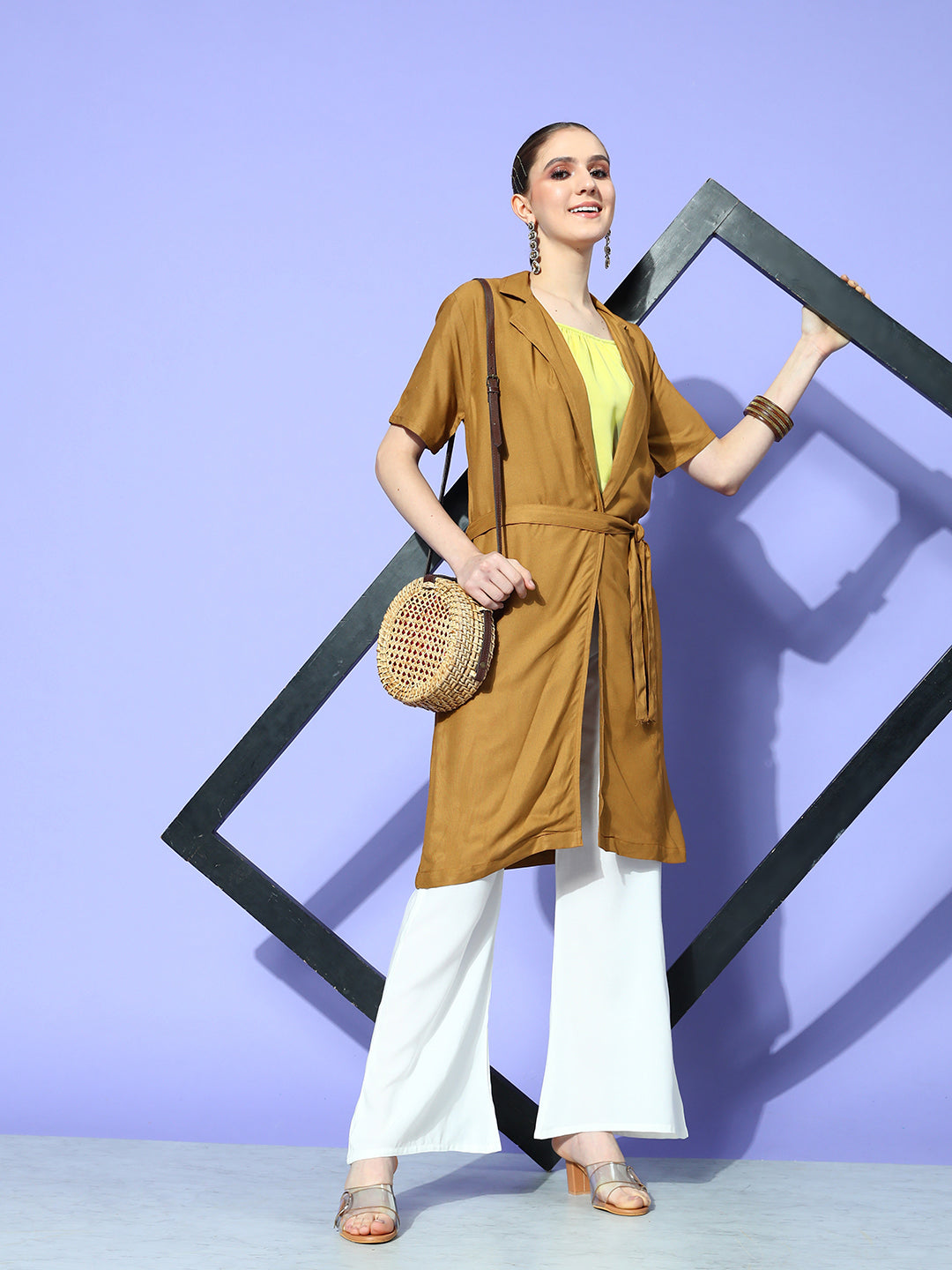 InWeave Women's Camel Brown Cream Pant Coord Set With Lime Green Crop Top