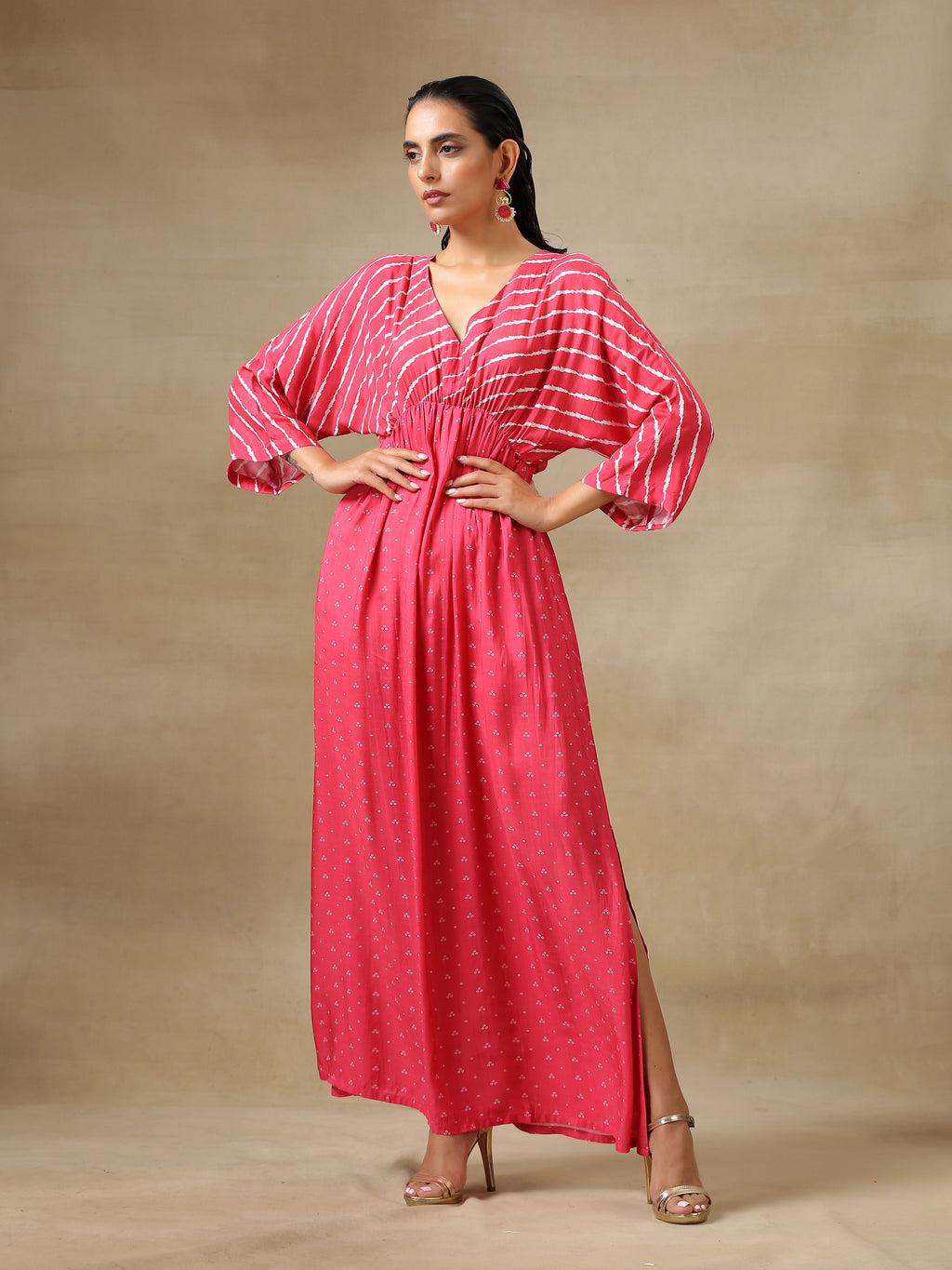 trueBrowns Pink Bandhani Printed Silk Drop Shoulder Dress