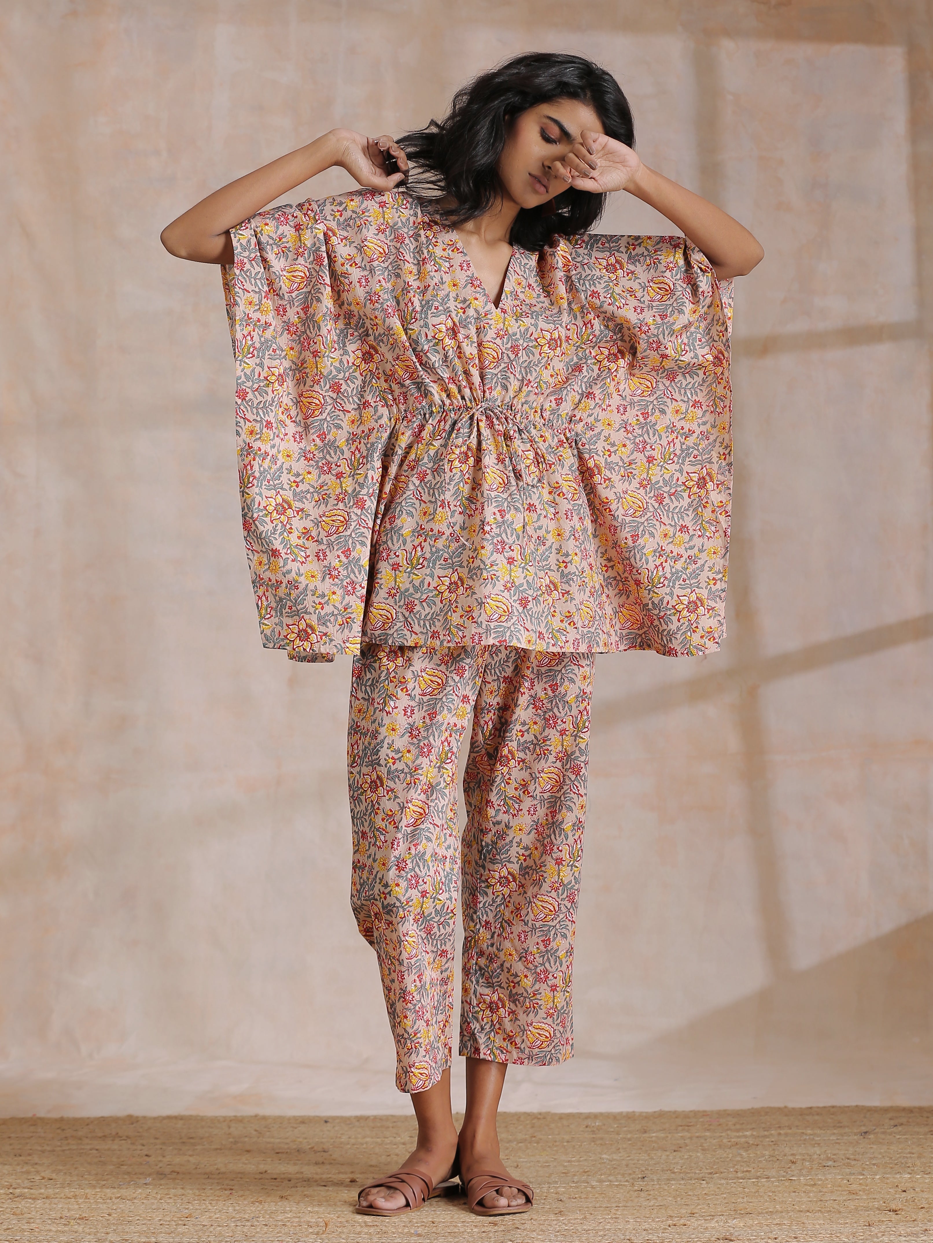 trueBrowns Multicolor Beige Overall Floral Block Print Cotton Kaftan Co-Ord Set