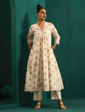 trueBrowns Ivory Peach Cotton Front Gathered Kurta Pant Set