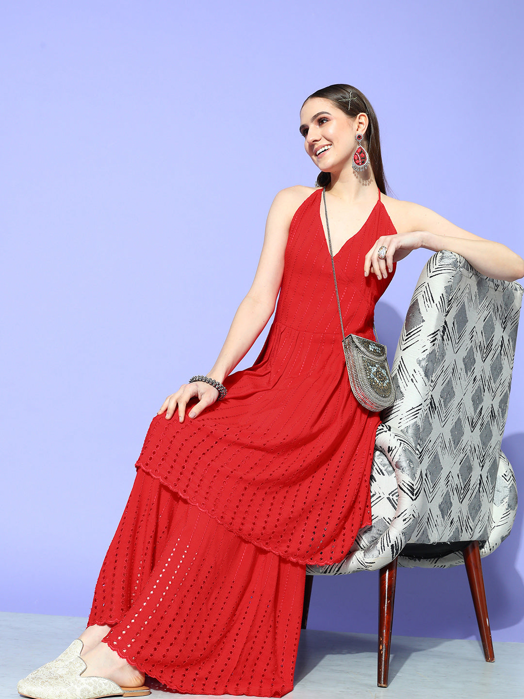 InWeave Women's Red Lace Work Backless Kurta Sharara Set