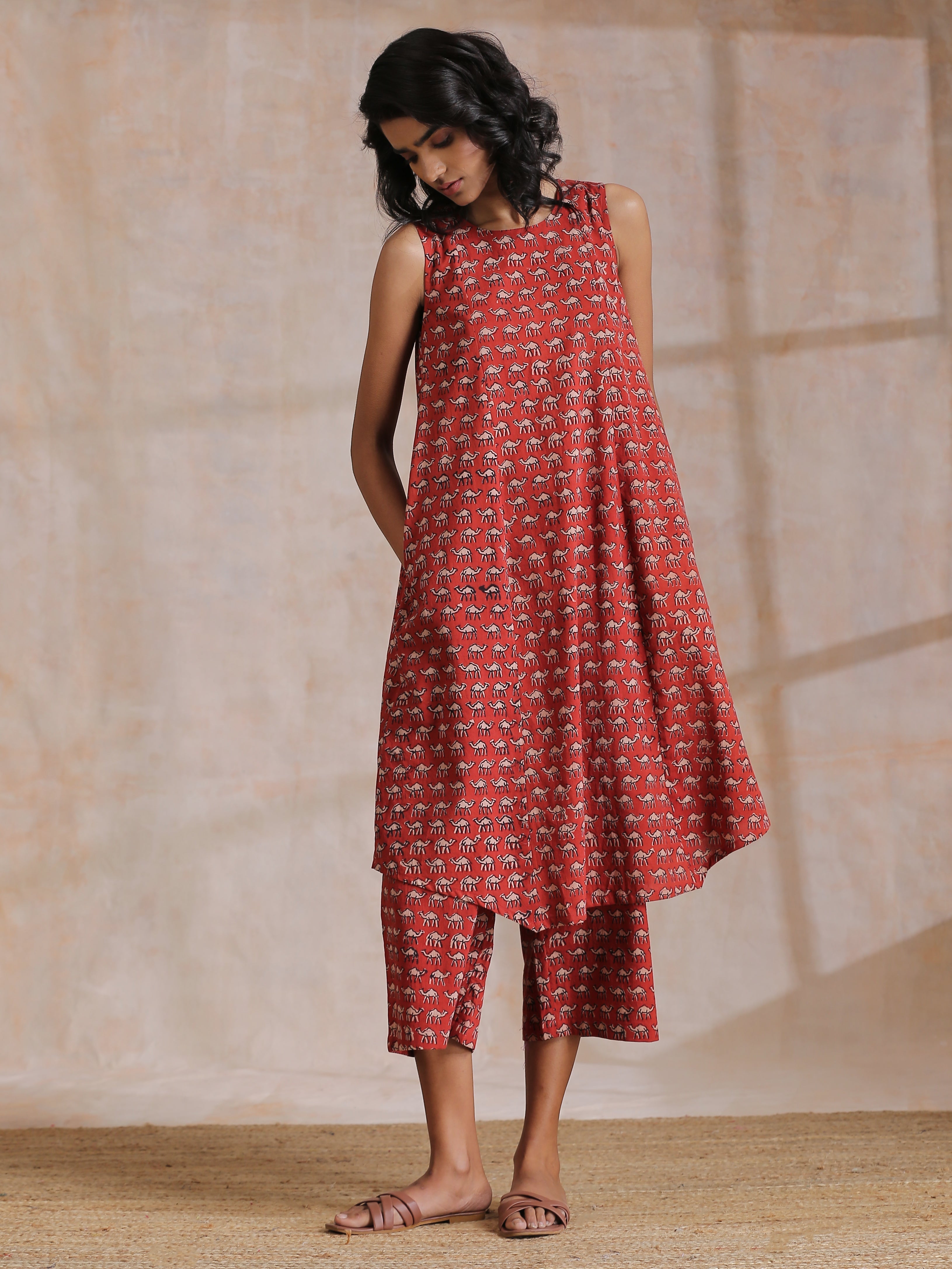 trueBrowns Rust Red Bagru Camel Print Cotton High-Low Co-Ord Set