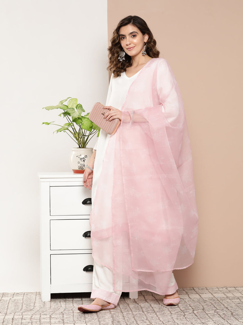 InWeave Women's Cream Straight Kurta Set W Pink White Print Organza Dupatta