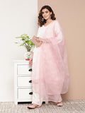InWeave Women's Cream Straight Kurta Set W Pink White Print Organza Dupatta