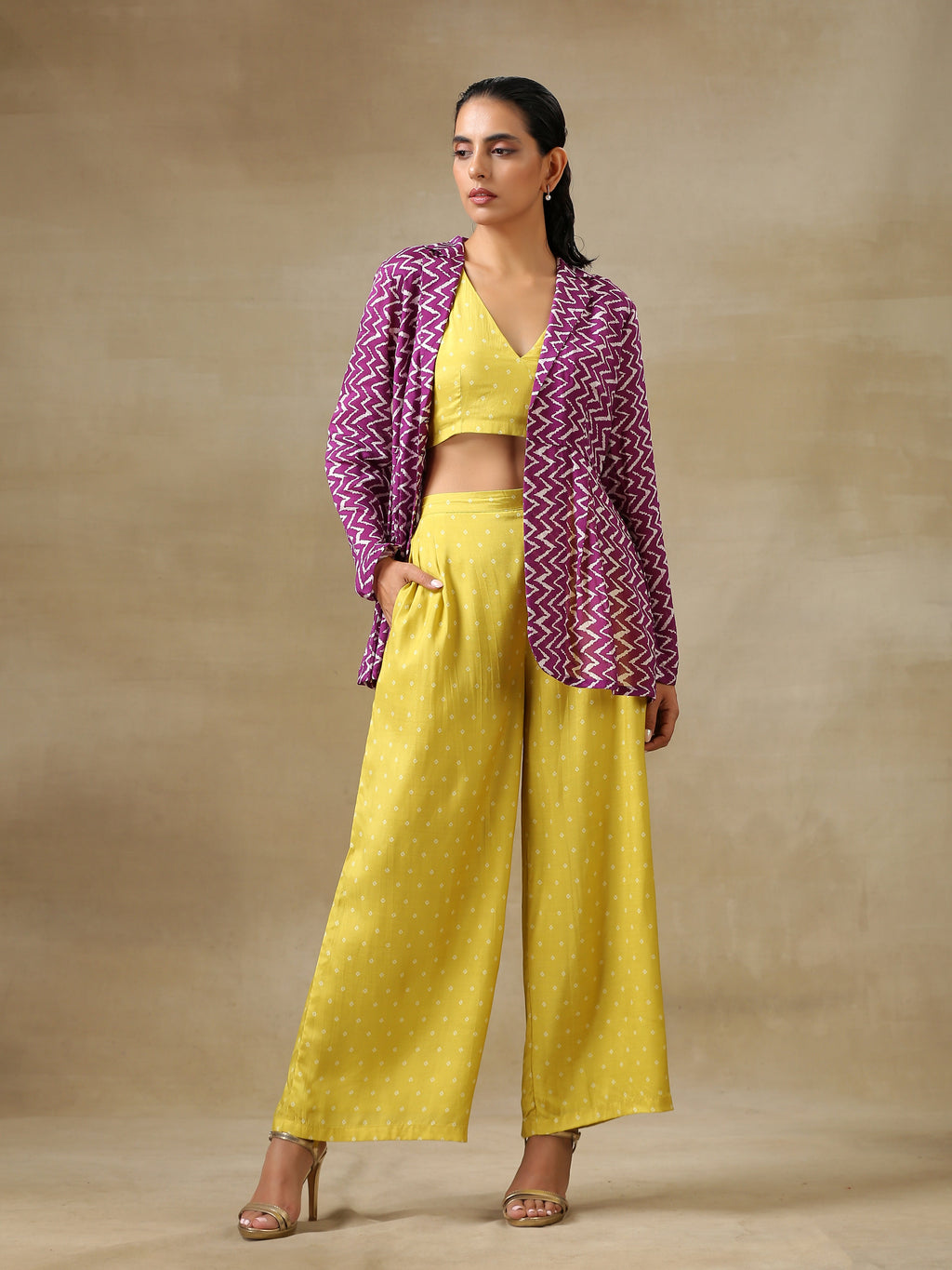 trueBrowns Lime Green Bandhani Printed Silk Top Pant with Purple Printed Jacket Set