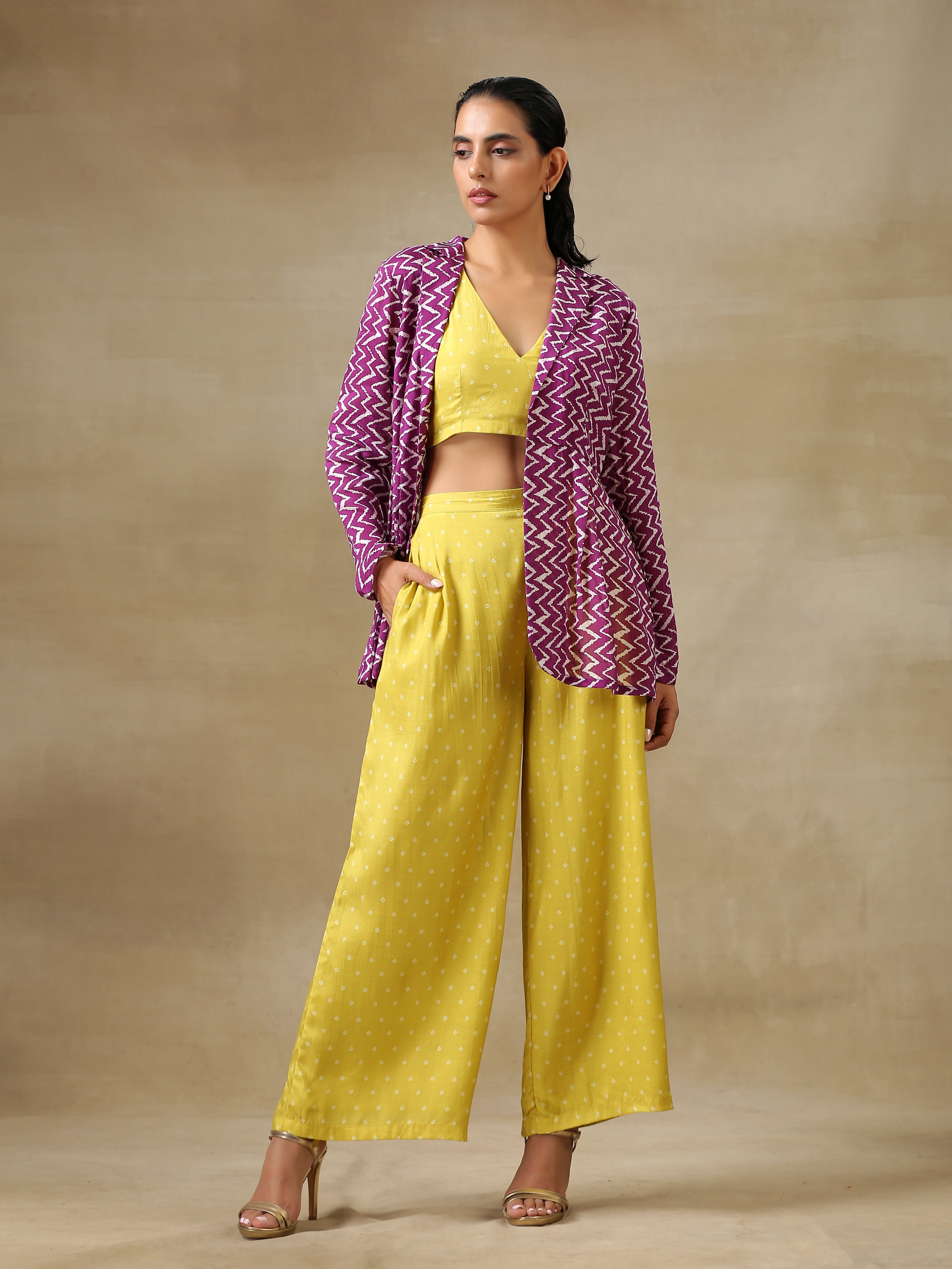 trueBrowns Lime Green Bandhani Printed Silk Top Pant with Purple Printed Jacket Set