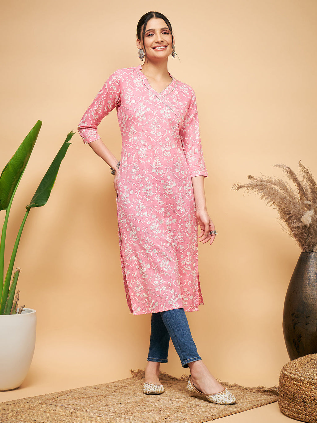 InWeave Women's Light Pink Floral Print Straight Angrakha Gota Kurta