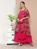 InWeave Women's Fuchsia Strappy Set With Navy Floral Organza Dupatta
