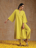 trueBrowns Lime Gold Cotton Relax High Slit Kurta Set