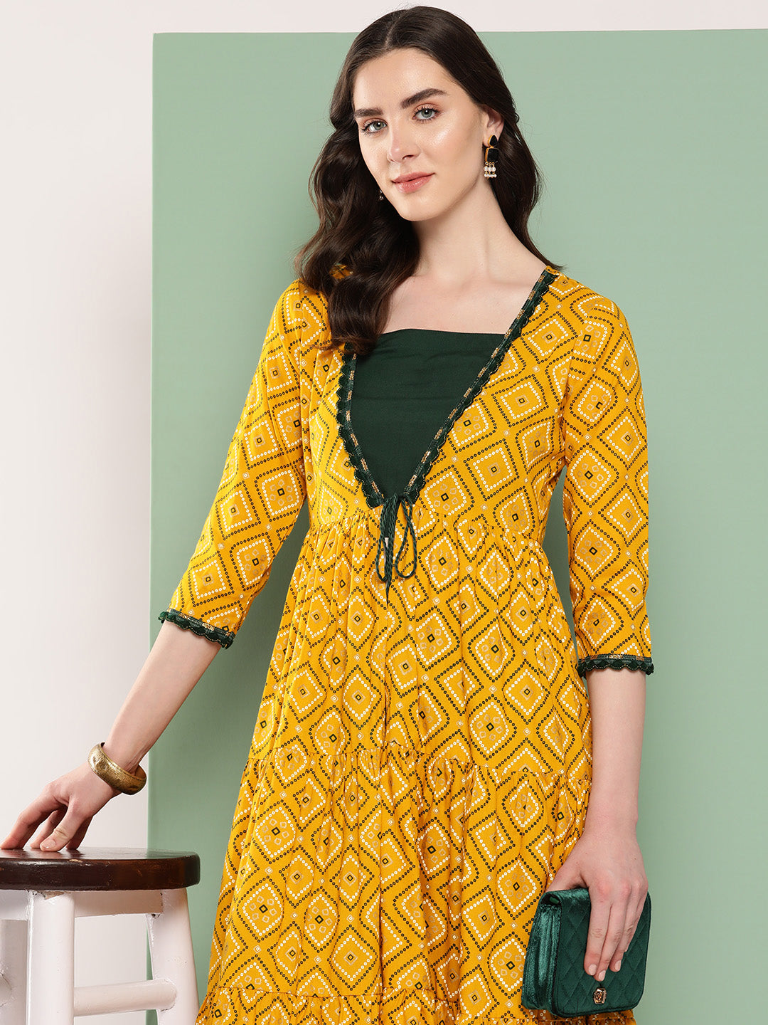 InWeave Women's Green Top Bottom W Mustard Bandhej Long Shrug Set